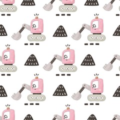 seamless pattern with cartoon bulldozer, decor elements. Colorful illustration flat style for kids. hand drawing. baby design for fabric, print, wrapper, textile