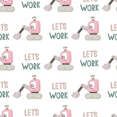 seamless pattern with cartoon bulldozer, decor elements. Colorful illustration flat style for kids. hand drawing. baby design for fabric, print, wrapper, textile