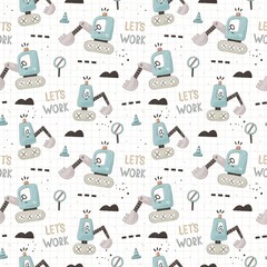 seamless pattern with cartoon bulldozer, decor elements. Colorful illustration flat style for kids. hand drawing. baby design for fabric, print, wrapper, textile