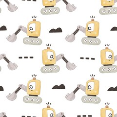 seamless pattern with cartoon bulldozer, decor elements. Colorful illustration flat style for kids. hand drawing. baby design for fabric, print, wrapper, textile