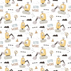  seamless pattern with cartoon bulldozer, decor elements. Colorful illustration flat style for kids. hand drawing. baby design for fabric, print, wrapper, textile