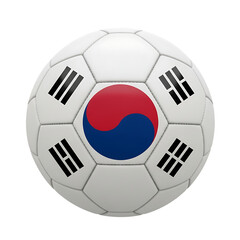 Obraz premium Realistic 3D rendering of a white soccer ball with the South Korea national flag design, featuring the red and blue Taeguk and black trigrams, symbolizing Korean football and athletic spirit.