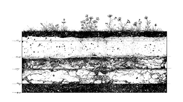 Black and white line drawing of a cross section view trough different types of soil layers in the ground for cad architecture	