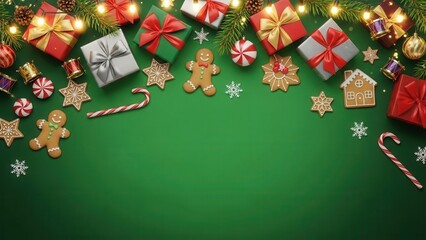 Christmas holiday decorations gifts gingerbread cookies green background