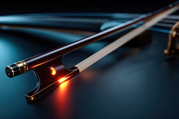Detailed close-up of a violin bow resting on a dark surface with soft lighting
