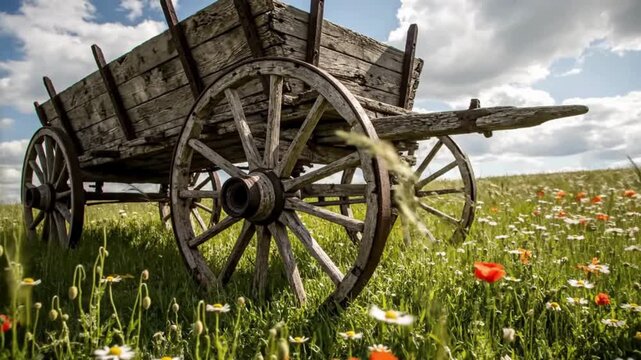 Weathered antique wooden farm wagon rests abandoned in a sunny meadow filled with wildflowers