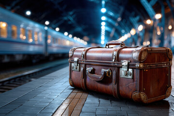 Vintage suitcase on train station platform at night