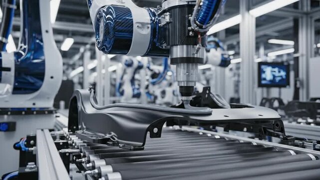 Robotic arm applies sealant to a car part on a conveyor belt. Automated manufacturing process in a modern factory. High-tech automotive production and Industry 4.0 concept