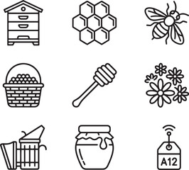 Beekeeping outline icons set: beehive, honeycomb, bee, basket, honey dipper, flowers, smoker