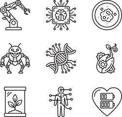 Bioengineering and artificial intelligence icon set: robotic arm, AI brain, petri dish, robot