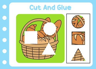 cut and glue for kids. cute bread basket . puzzle game .