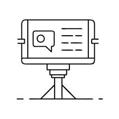 A line art icon of a smartphone on a tripod showing a chat bubble on its screen