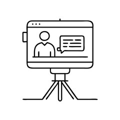 A line art icon illustrating a person broadcasting live on a screen mounted on a tripod