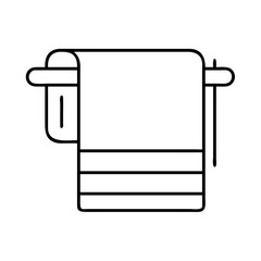 A minimalist black and white line icon illustrating a towel hanging on a wall-mounted towel rack