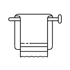 A black and white line art illustration of a towel hanging on a modern bathroom towel rack
