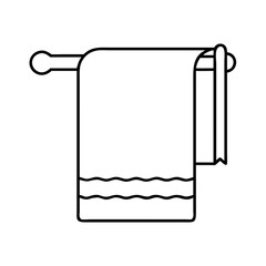 A simple line art illustration of a towel hanging on a wall-mounted towel rack