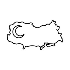 Simple black outline drawing of the map of turkey featuring a crescent moon symbol inside