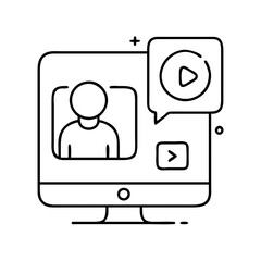 A black and white line icon illustrating video communication and online interaction on a computer screen