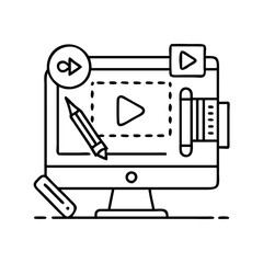 A line art icon representing digital video content creation and editing on a desktop computer