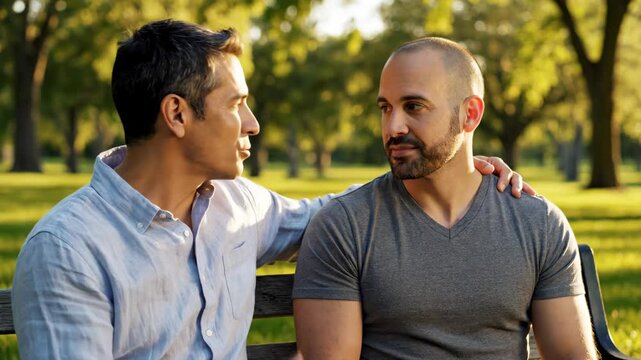 A gay couple having a supportive conversation on a park bench. Two men talking and sharing an intimate moment outdoors. Love and communication in a relationship