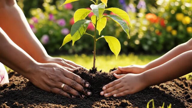 Close-up of a parent and child's hands planting a sapling in the soil. Nurturing new life and teaching about nature. Environmental conservation concept