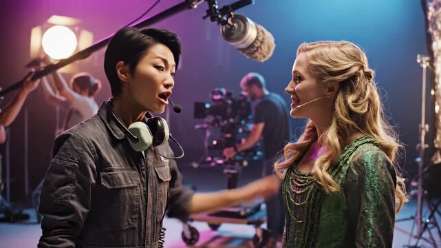 Female director instructing an actress in costume on a film set. Behind the scenes of a movie production with crew and lighting. Filmmaking and cinema concept