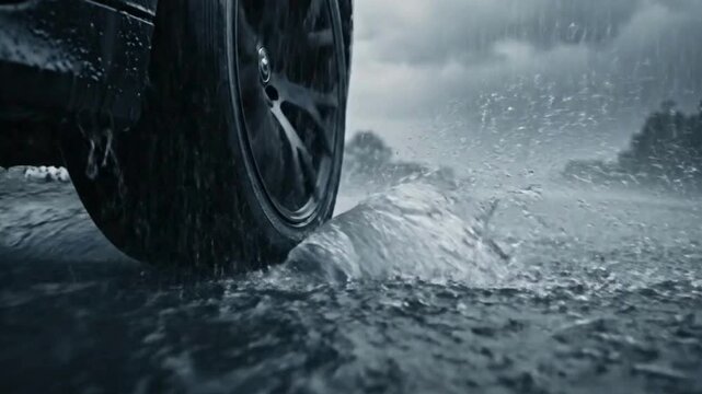 Close up of a car tire driving through deep water splashing dramatically on a wet road surface