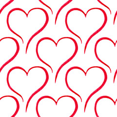 Simple Valentine seamless pattern. Hand painted watercolor background with red hearts.