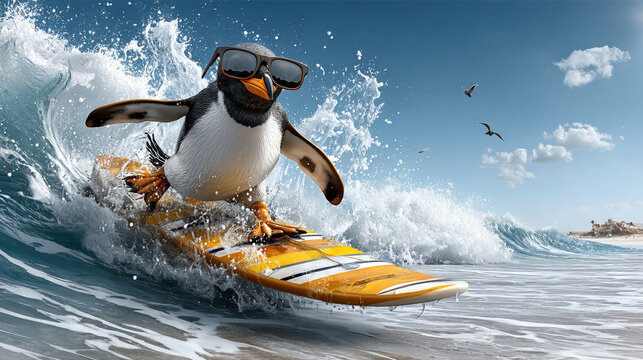 Cool penguin surfing waves in sunglasses on vibrant orange surfboard with seagulls in blue sky