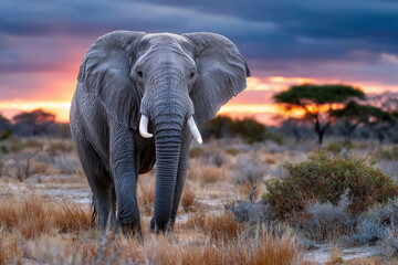 Fototapeta premium Majestic Elephant at Sunset in African Savanna