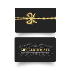 Elegant Gift Voucher with Golden Glitter and Sparkles Gift card vector voucher mockup illustration, discount certificate coupon collection