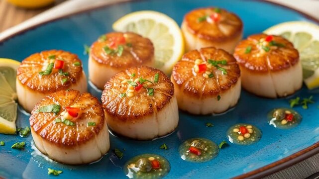 Seared scallops with lemon and herbs on blue plate ? culinary art in motion