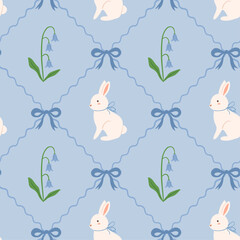 Seamless geometric garden pattern with a bunny and flowers