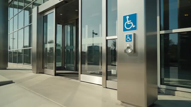 Accessible entrance with wheelchair ramp and automatic glass doors. Modern building exterior featuring a blue handicap sign and push button. Disability access concept