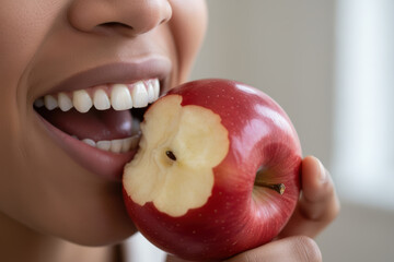 Close up of a person taking a bite out of a fresh red apple