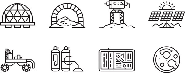 Space exploration and mars colonization icons including biodome arch rover solar panels gas tanks