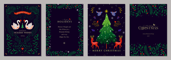 Botanical Holiday cards. Christmas template with decorative Christmas Tree, doves, snowflakes, reindeers, swans, birds and ornate floral frames with copy space and greetings.