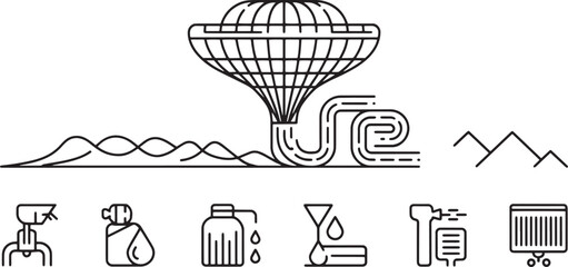 Water treatment and natural environment icons including waterfall mountains waves water purification