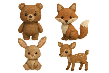 Naklejka premium Four handmade felt woodland animal toys including bear, fox, rabbit and deer on transparent background, cute forest creatures craft collection set