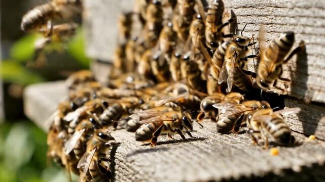 Busy honeybees swarm the entrance of a wooden beehive on a bright sunny day outdoors