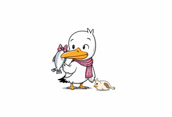 Charming Seagull Character Sporting a Cozy Scarf Holding a Fish with a Hamster Companion Illustration