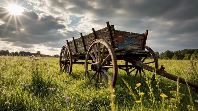 Weathered antique wooden farm cart rests abandoned in a sunlit meadow under dramatic summer clouds