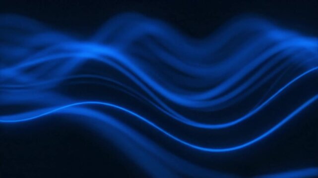 Abstract blue neon glowing wave lines flowing smoothly across a dark digital background