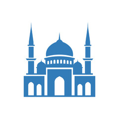 Blue mosque building icon silhouette with minarets and dome against a white background