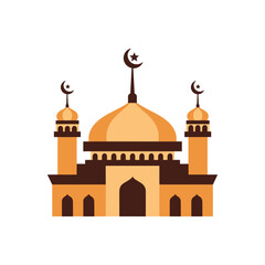 Flat illustration of a mosque building with minarets and crescent star symbols