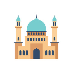 Flat vector illustration of a mosque building with a prominent dome and two minarets