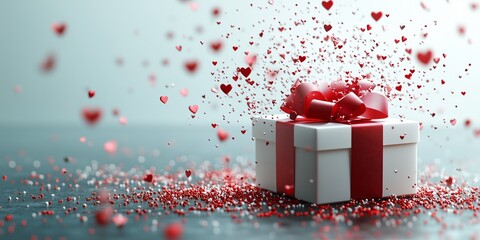 Tender floating heart confetti pouring from gift box on pink background, sweet emotional design for Valentine's Day marketing and social media