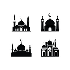 Four distinct mosque silhouettes in black, symbolizing islamic architecture and places of prayer