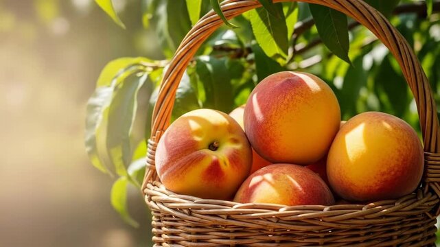 Vibrant peaches in sunlit orchard basket