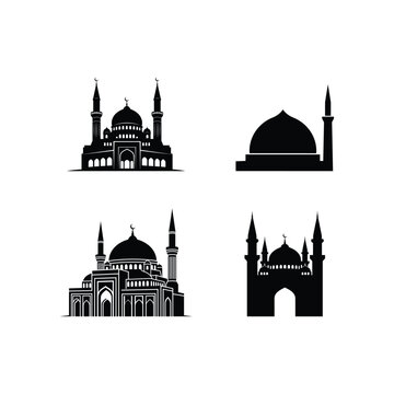 Different styles of black mosque silhouettes and icons for islamic worship places